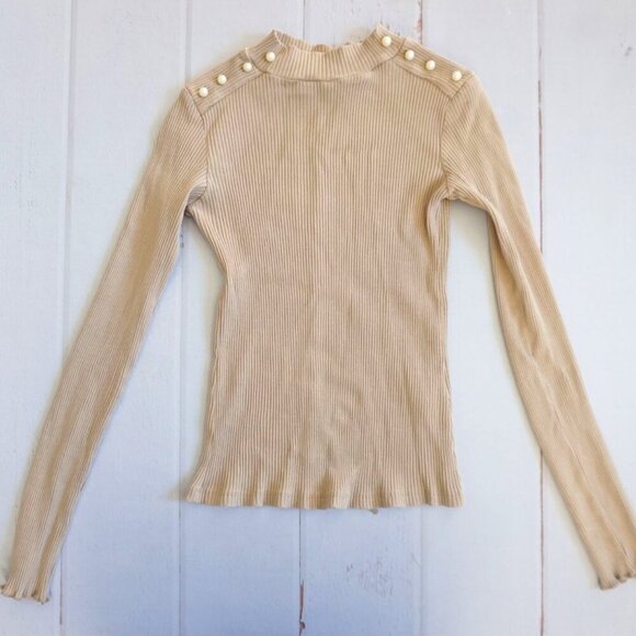 Zara Trafaluc Beige Turtleneck with Pearl Shoulder Embellishments, Size S - Picture 1 of 6